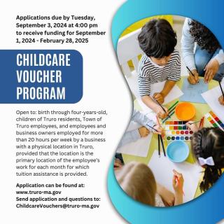 A flyer describing the childcare voucher program and featuring a picture of young children around a craft table