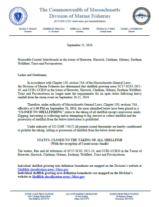 Shellfish Growing Areas in Truro are CLOSED TO SHELLFISHING