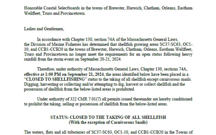 Shellfish Growing Areas in Truro are CLOSED TO SHELLFISHING